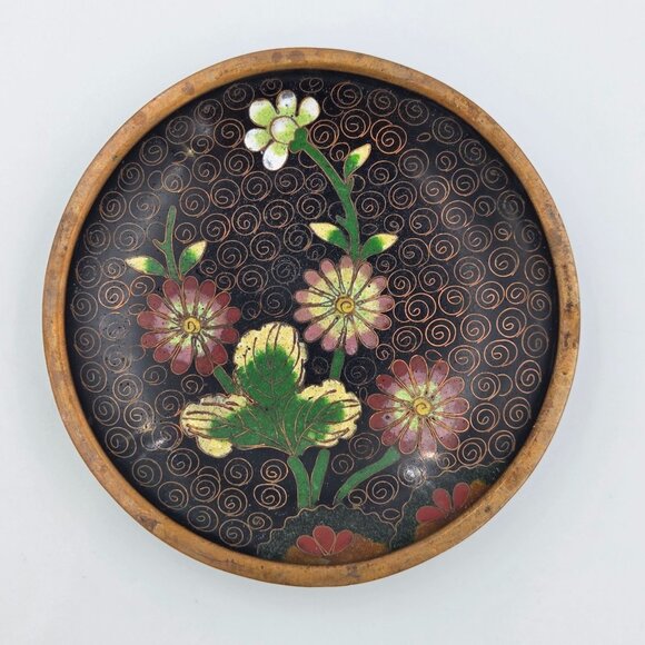 Cloisonné Prunus Brass Trinket Dish Set 3 Plum Blossom Enamel Plates 4″ - Picture 6 of 7